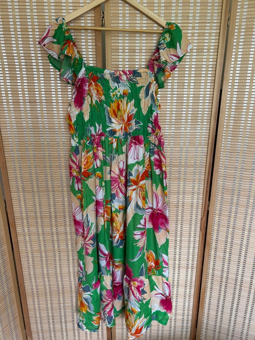 Green Floral Sundress with Pink & Yellow Blooms boho festival summer